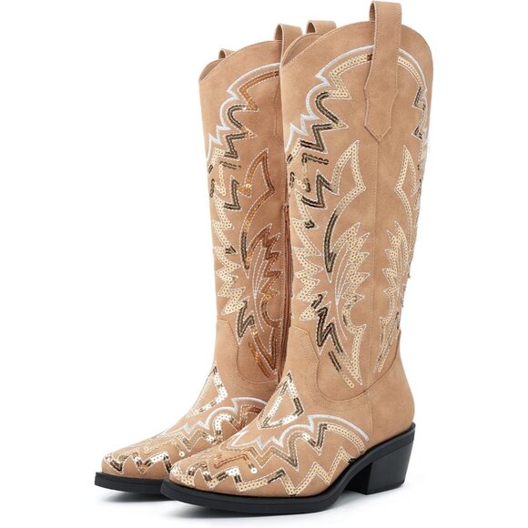 Shoes - Women's Light Brown Classic Embroidered Sequin Mid Calf Western Chunky Boots